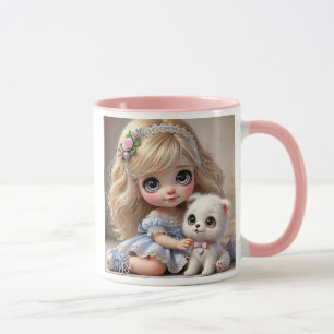A lovely little girl and her puppy in a tender sty mug