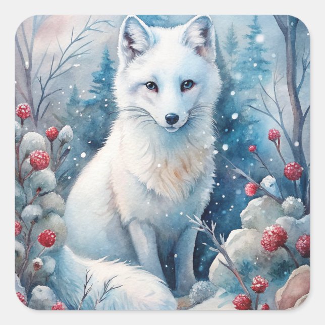 A Lovely White Fox in Winter Square Sticker (Front)