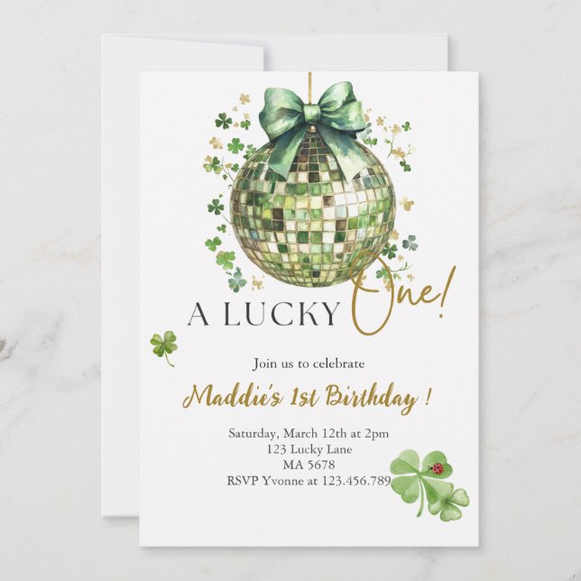 A Lucky One Cute Discoball 1st Birthday Invitation (Front)