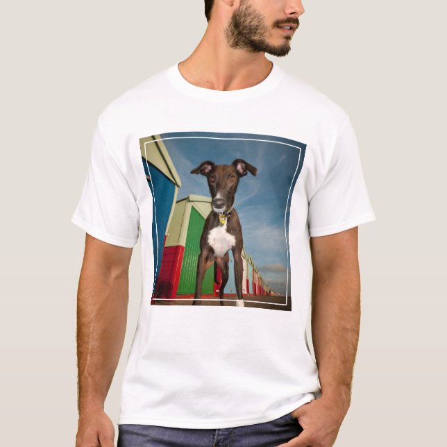A Lurcher Standing In Front Of Some Beach Huts T-Shirt (Front)