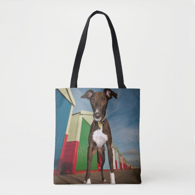 A Lurcher Standing In Front Of Some Beach Huts Tote Bag (Front)