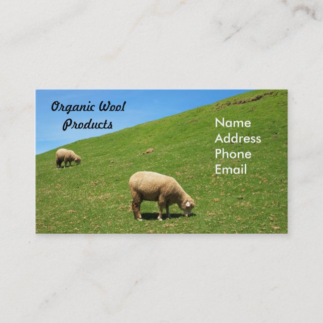 A lush green pasture with two sheep grazing business card (Front)