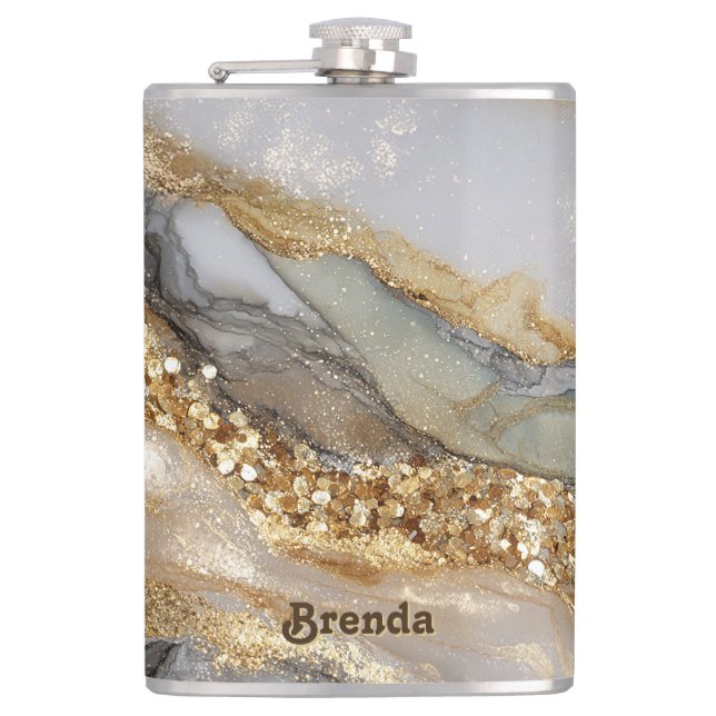 A luxurious gold and white marble background hip flask (Front)