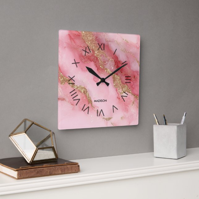 A luxurious pink marble background square wall clock (Office)