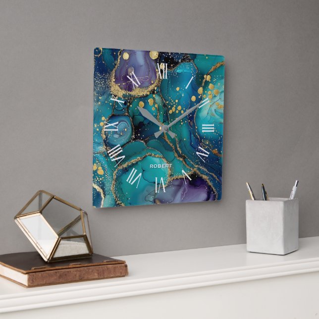 A luxurious rose-gold marble background square wal wall clock (Office)