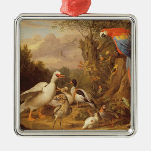 A Macaw, Ducks, Parrots and Other Birds in a Lands Metal Tree Decoration