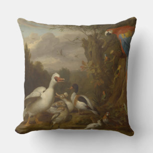 A Macaw Ducks Parrots and Other Birds in a Landsca Cushion