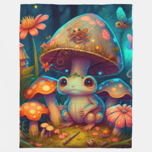 A magic mushroom frog fleece blanket