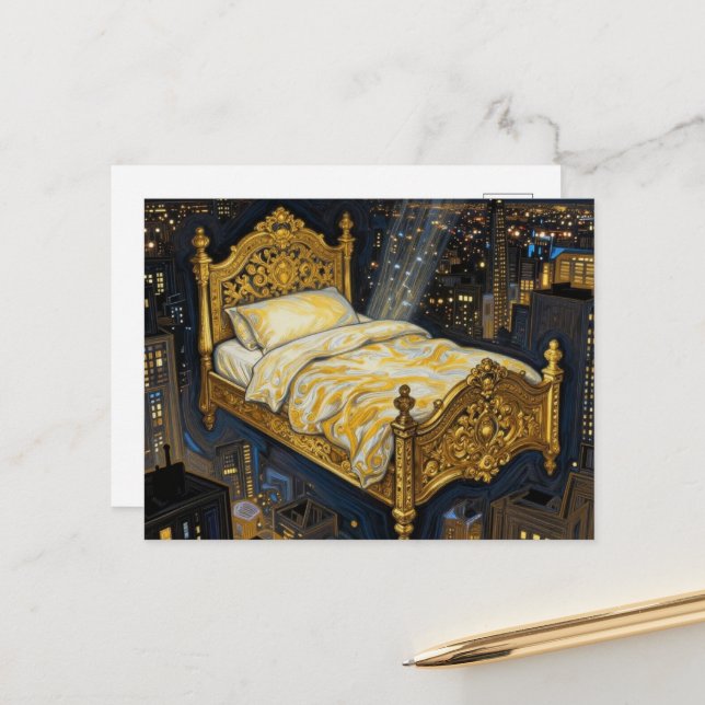 A Magical Bed Above the City Fantasy Postcard (Front/Back In Situ)