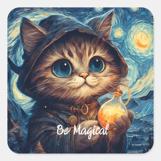 A Magical Cat by Van Gogh Square Sticker (Front)