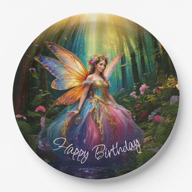 A Magical Fairy Enchanted Forest Happy Birthday Paper Plate (Front)