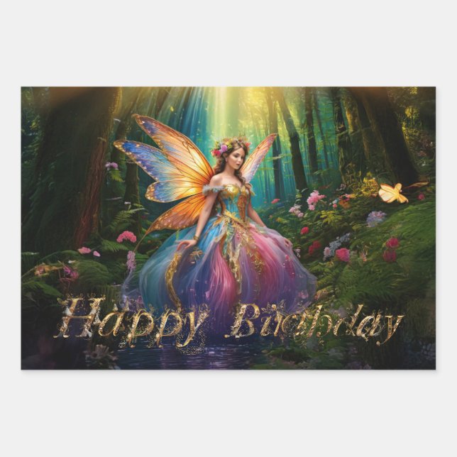 A magical fairy enchanted forest Happy Birthday Wrapping Paper Sheet (Front)