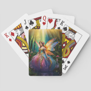 A magical fairy in an enchanted forest playing cards