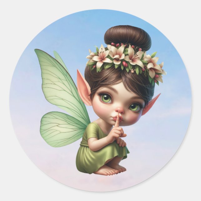 A magical little fairy crouching down classic round sticker (Front)