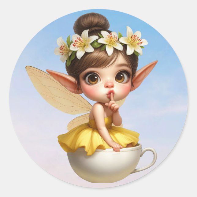 A magical little fairy in a tea cup classic round sticker (Front)