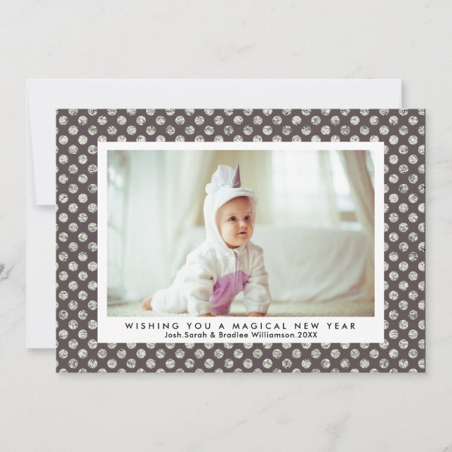 A Magical New Year Modern Silver Glitter Polka Dot Holiday Card (Front)