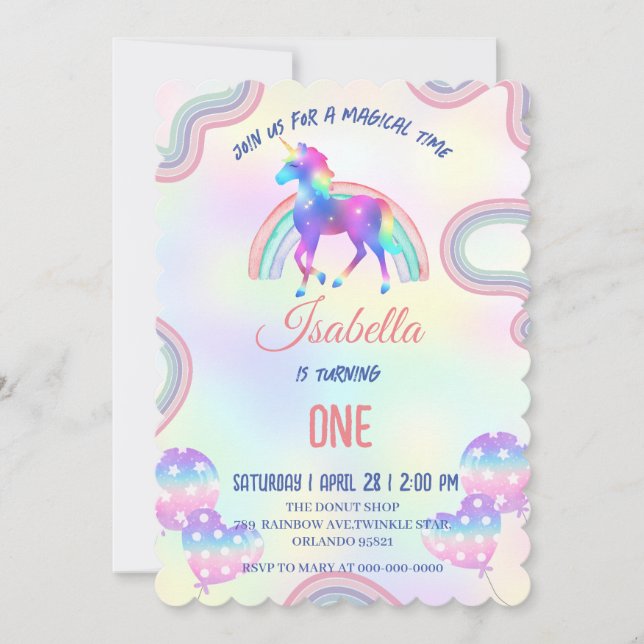 A Magical Rainbow Unicorn Happy Birthday Party Invitation (Front)