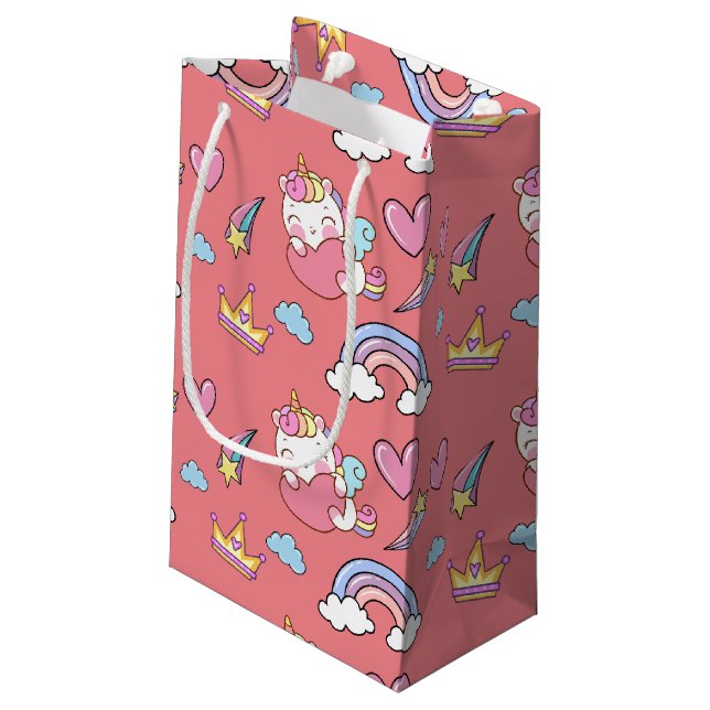 A Magical Rainbow Unicorn Pattern Birthday Party Small Gift Bag (Back Angled)