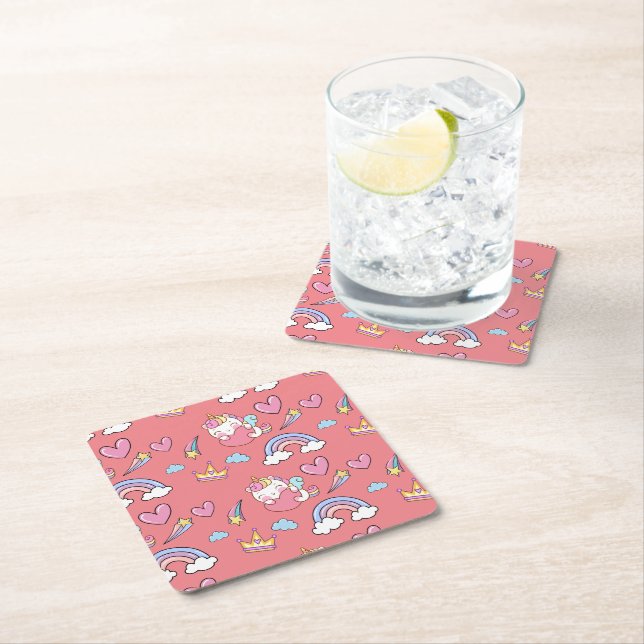A Magical Rainbow Unicorn Pattern  Birthday Party Square Paper Coaster (Insitu)