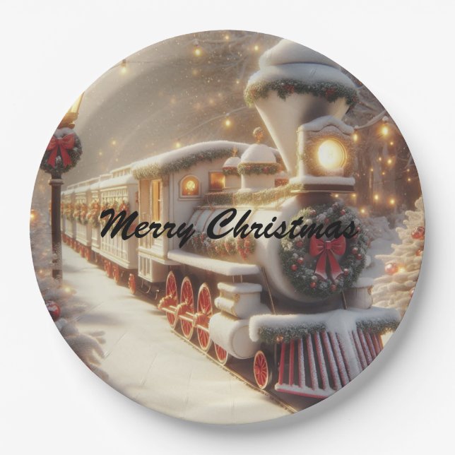 A Magical Winter Wonderland Christmas Train Paper Plate (Front)