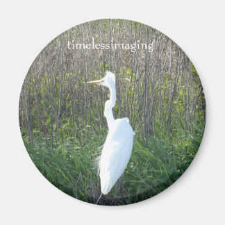 A magnet Round, A photo of a white Crane. 