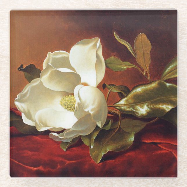 A Magnolia on Red Velvet, famous painting, Glass Coaster (Front)