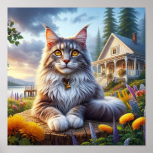 A Maine Coon Cat Resting in a Tranquil Countryside Poster