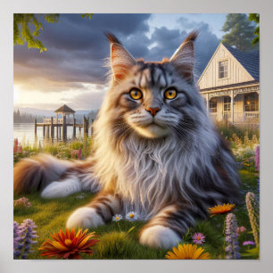 A Maine Coon Cat Resting in a Tranquil Countryside Poster