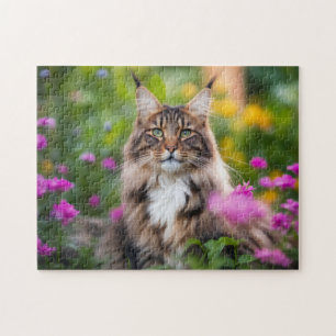 A Maine coon cat with flowers Jigsaw Puzzle