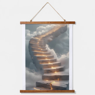 A majestic, curved staircase composed of luminesce hanging tapestry
