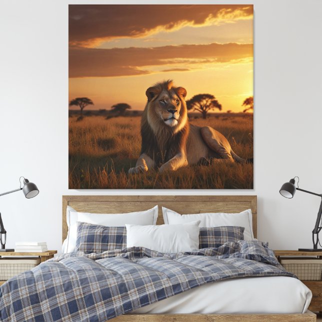 A majestic lion lounging on a grassy savanna  canvas print (Insitu(Bedroom))