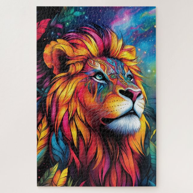 A majestic lion with a neon mane glowing jigsaw puzzle (Vertical)