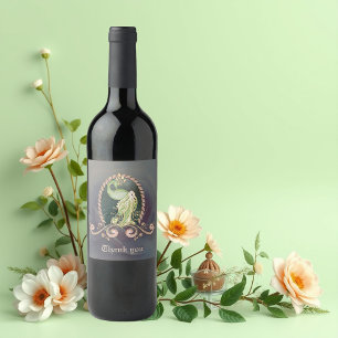 A majestic peacock in gold and green wine label