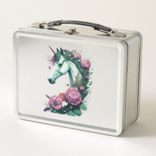 A Majestic Unicorn with Blooming Beauty Metal Lunch Box