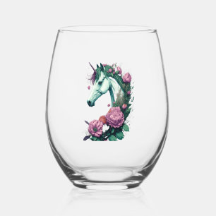 A Majestic Unicorn with Blooming Beauty Stemless Wine Glass