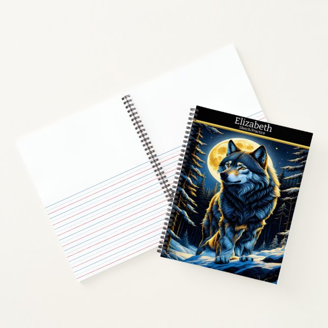 A majestic wolf howls beneath a bright moonlit sky notebook (Inside)