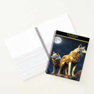 A majestic wolf howls under the moonlit sky notebook