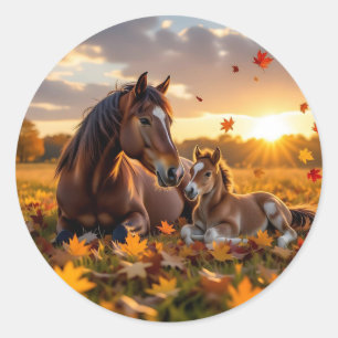 A Mama Horse and her Foal in Autumn Classic Round Sticker