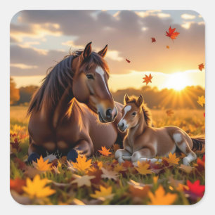 A Mama Horse and her Foal in Autumn Square Sticker