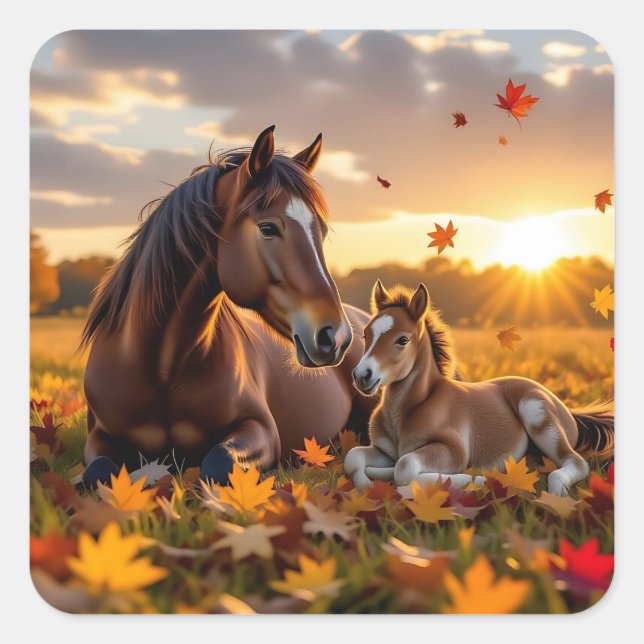 A Mama Horse and her Foal in Autumn Square Sticker (Front)