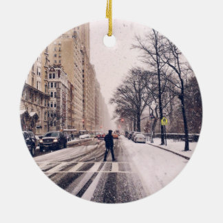 A Man Crossing A Snowy Central Park West Ceramic Tree Decoration