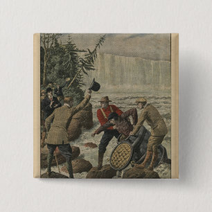 A man in a barrel crossing the Niagara Falls 15 Cm Square Badge