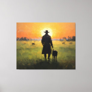 a man walking a dog in a field with a sunset canvas print