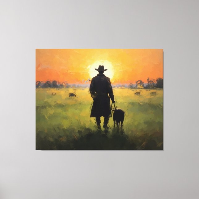 a man walking a dog in a field with a sunset canvas print (Front)