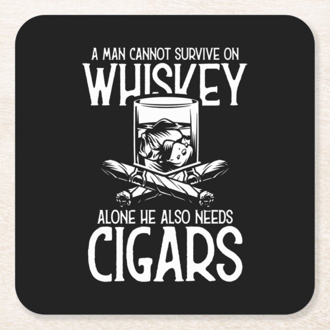 A Man Who Loves Whiskey And Cigar Square Paper Coaster (Front)