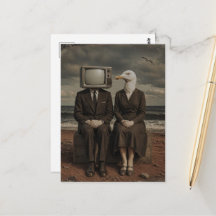 A man with a TV for his head and a seagull lady