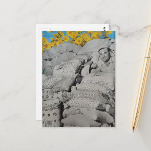 A Man With Retro Floral Print Flour Sacks Pile Postcard