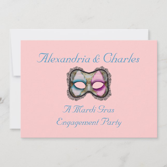 "A Mardi Gras Engagement Party" Blue/Pink Mask [1] Invitation (Front)