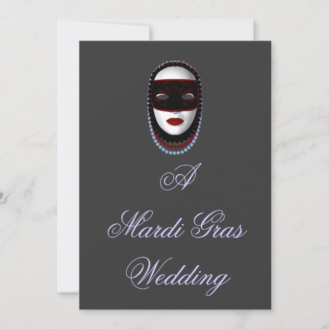 "A Mardi Gras Wedding" Beaded Mask-Black/Red/Blue Invitation (Front)