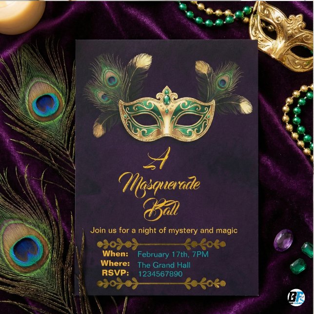 A Masquerade Ball Peacock Gold Emerald Invitation (Creator Uploaded)
